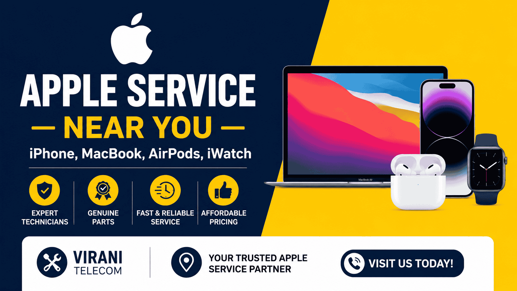 Looking for a trusted Apple Service Center near you? Virani Telecom offers expert repair services for iPhone, MacBook, AirPods, iWatch and more with fast and reliable support.