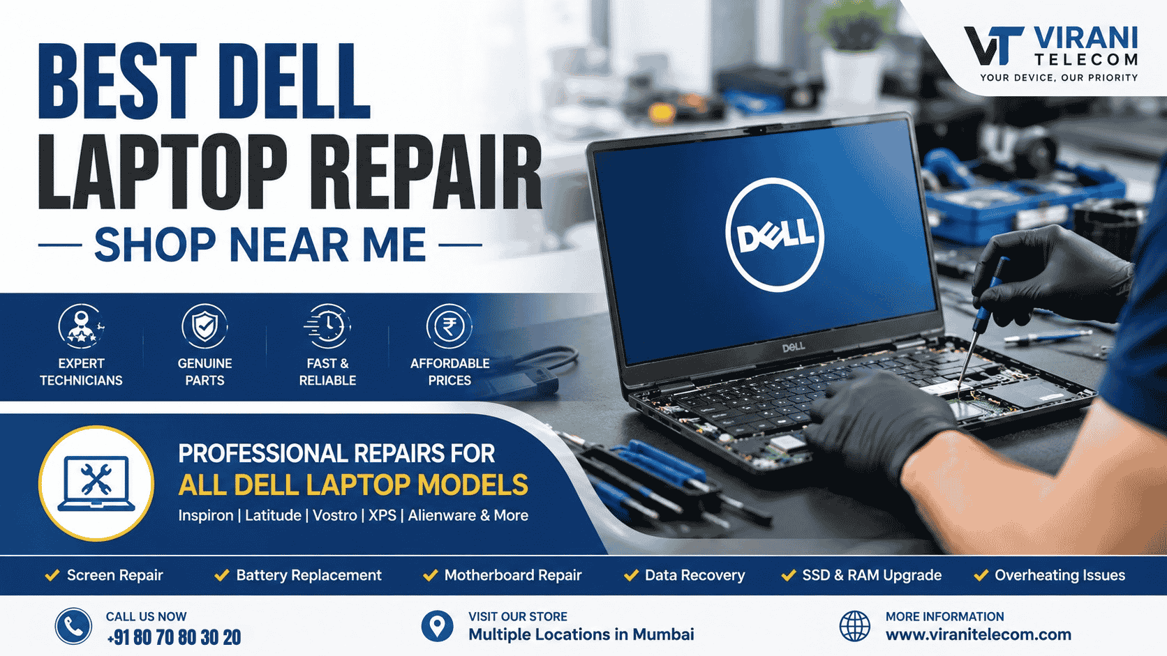 Looking for the best Dell laptop repair shop near me? Get fast, reliable, and affordable Dell laptop repair services at Virani Telecom in Mumbai.
