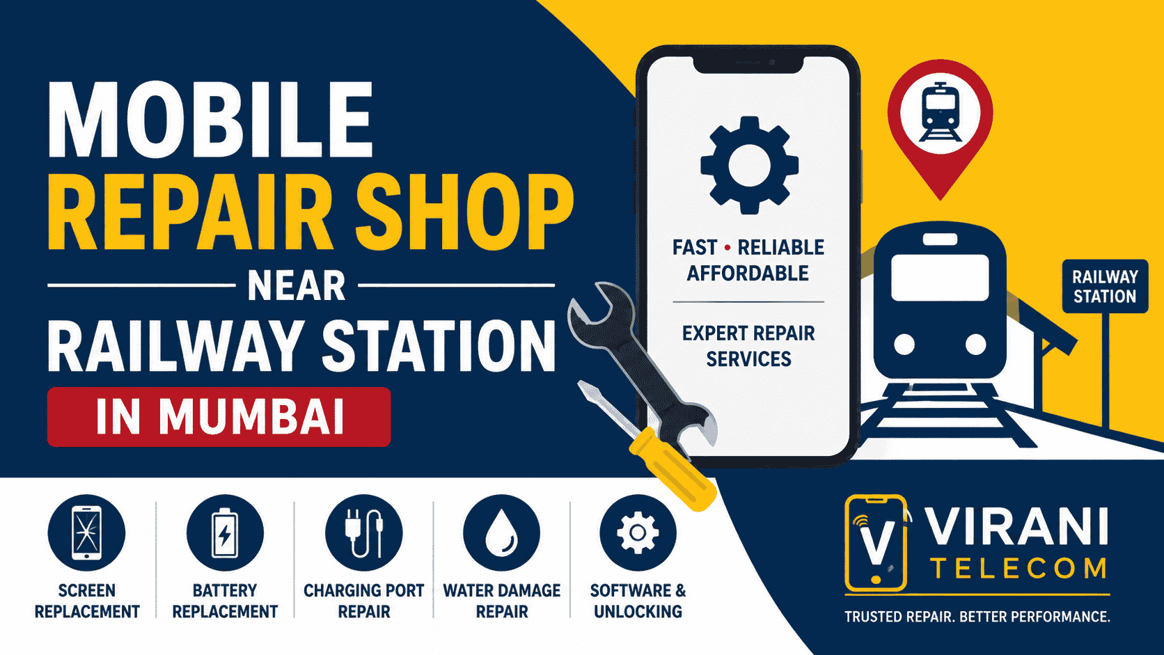 Looking for a trusted mobile repair shop near railway station in Mumbai? Virani Telecom provides fast and affordable smartphone repair services for all major mobile brands. Whether your phone has a broken screen, charging issue, battery problem, or software error, our experienced technicians are ready to help. Stay connected with quick and professional repair solutions near your location.