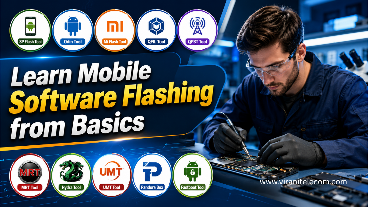 Learn Mobile Software Flashing from basics with tools, drivers, commands, and step-by-step methods. Beginner-friendly guide by Virani Telecom
