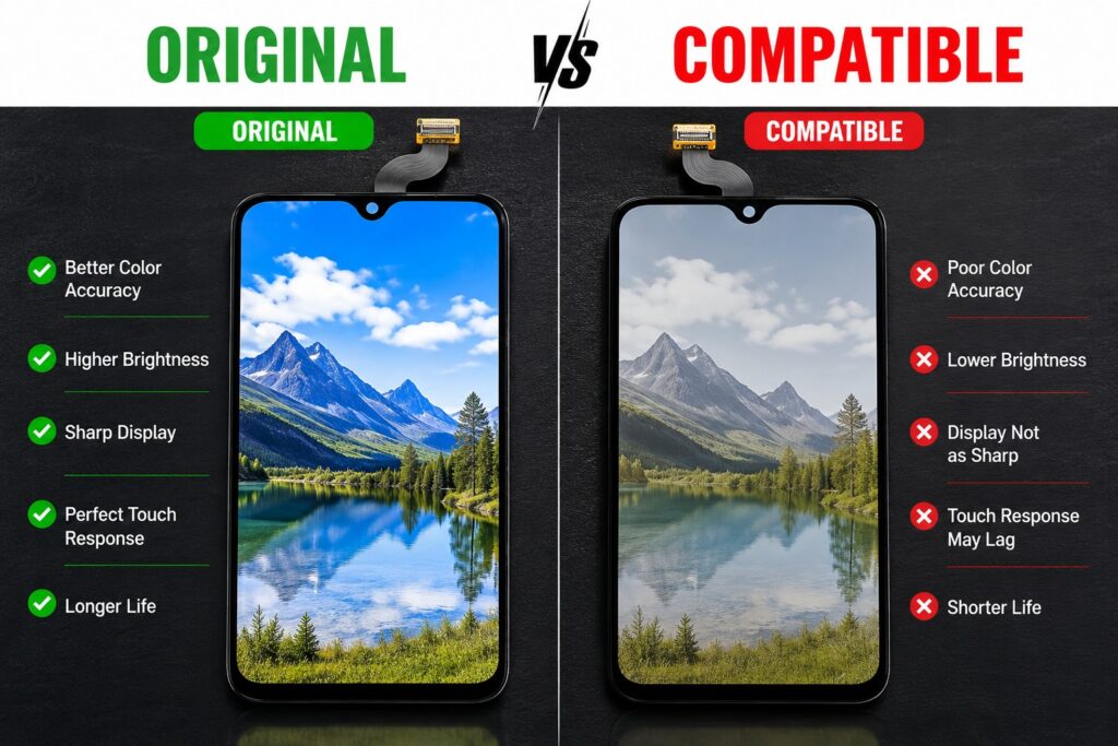 Mobile Display Replacement Original vs Compatible Learn the differences in quality, touch, brightness, durability, price from Virani Telecom.